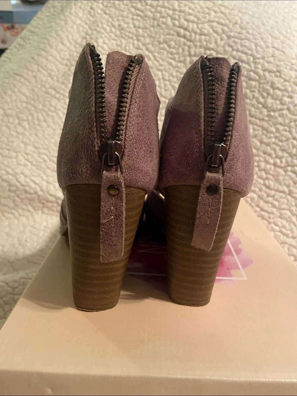 Not Rated Peep-Toe Laser-Cut Block Heel Booties in Brown/Grey - wore once